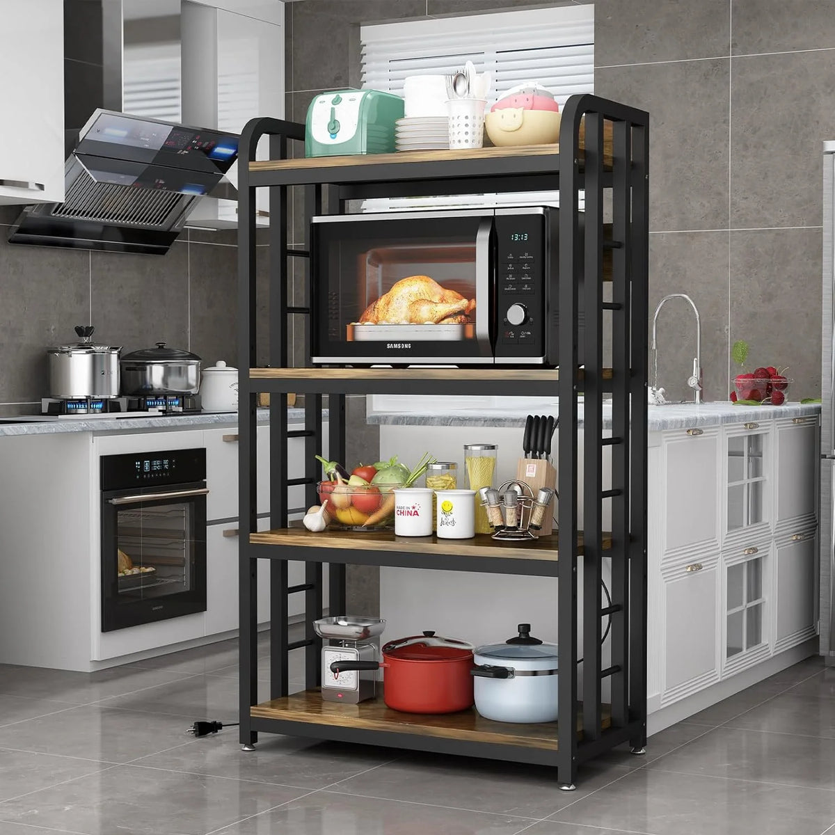Rustic Brown 4-Tier Kitchen Baker's Rack with Power Outlet Z1808