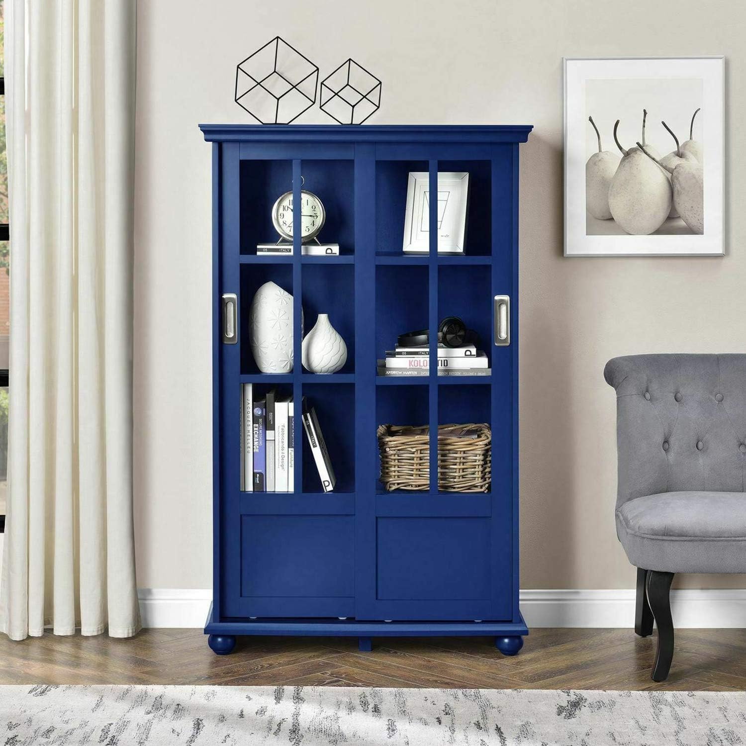 Navy Blue 4 Shelves Wooden Bookcase with Glass Door Q978