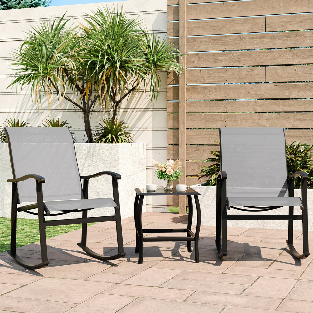 3 Piece Rocking Bistro Set with Glass Coffee Table Light Gray D78004