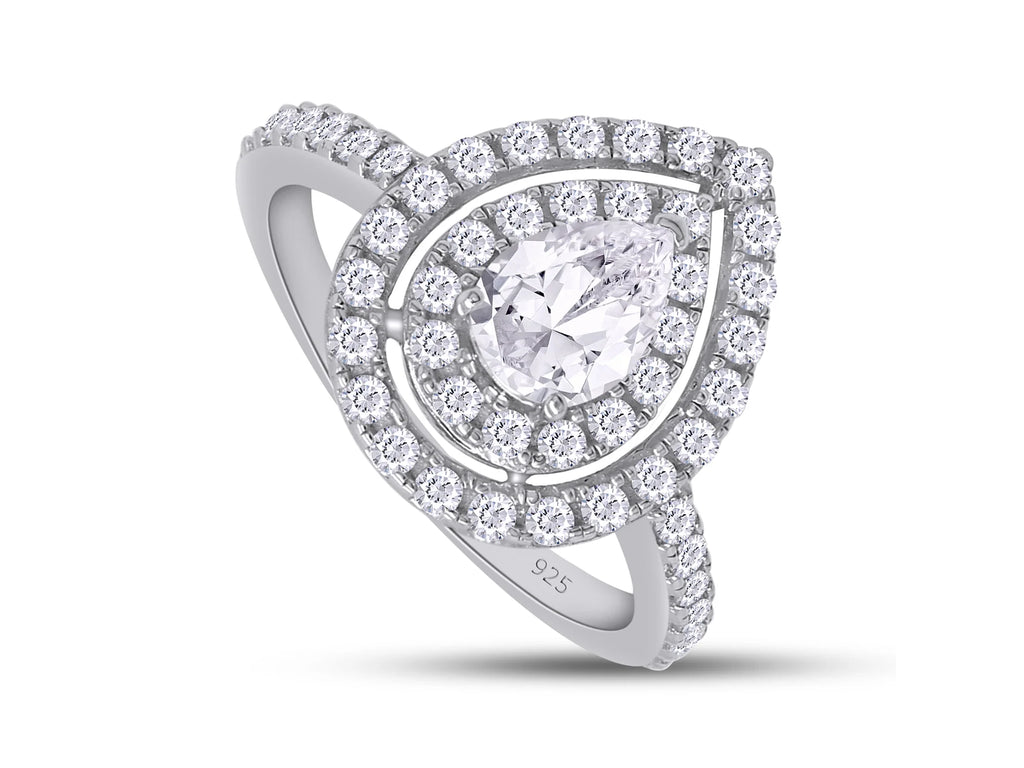 Pear Shaped Double Halo Moissanite Engagement Ring in 18K White Gold Plated 925 Sterling Silver M51942