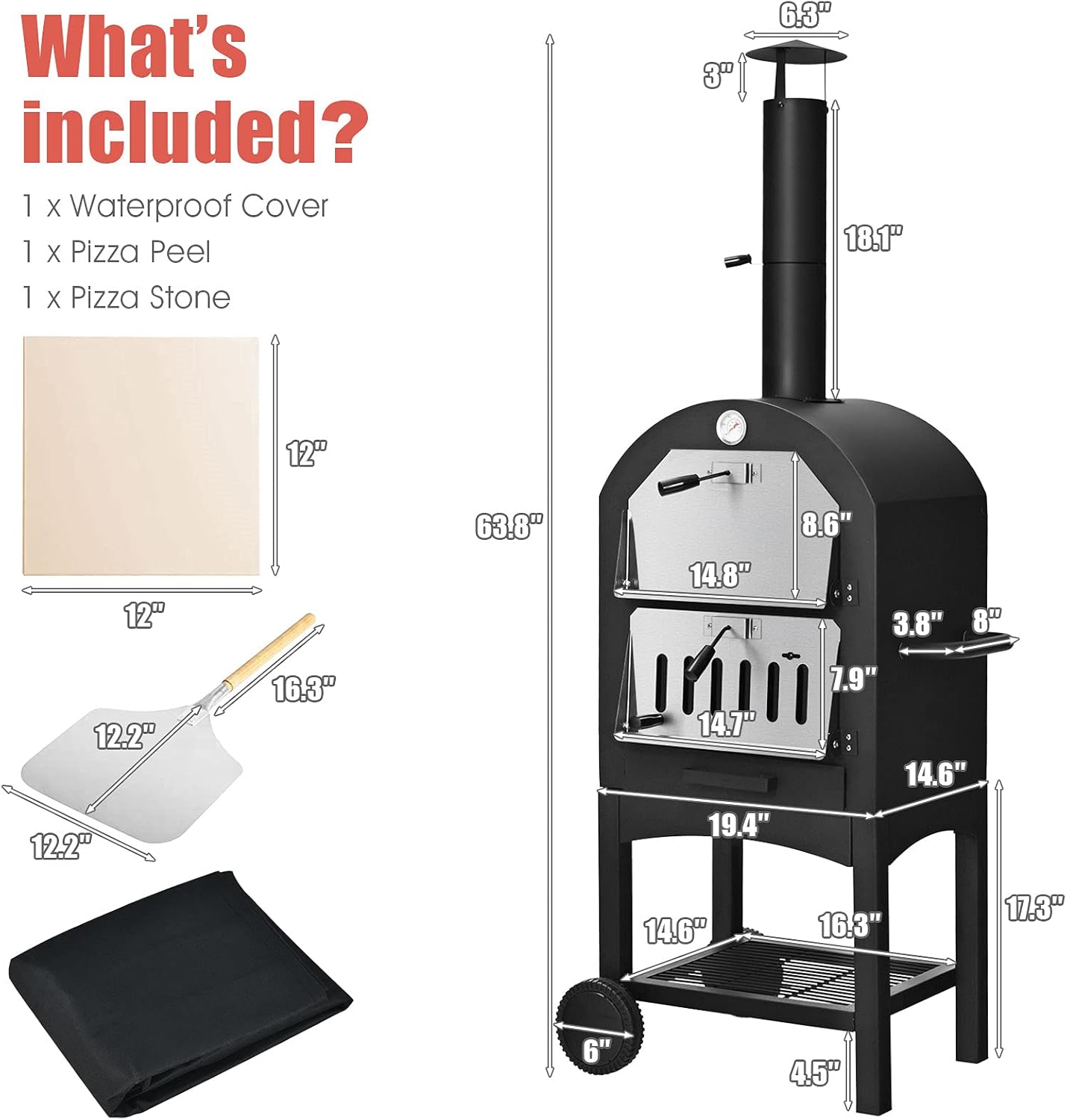 Wood Fire Pizza Oven with Wheels and Waterproof Cover M467048