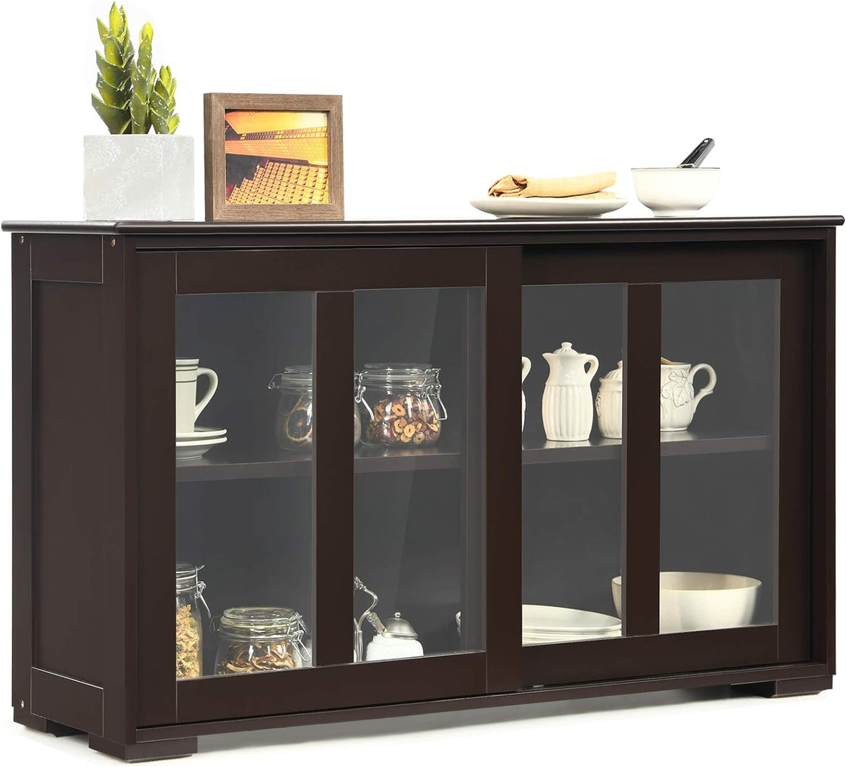 Antique Stackable Sideboard Cabinet with Sliding Door Window V9315