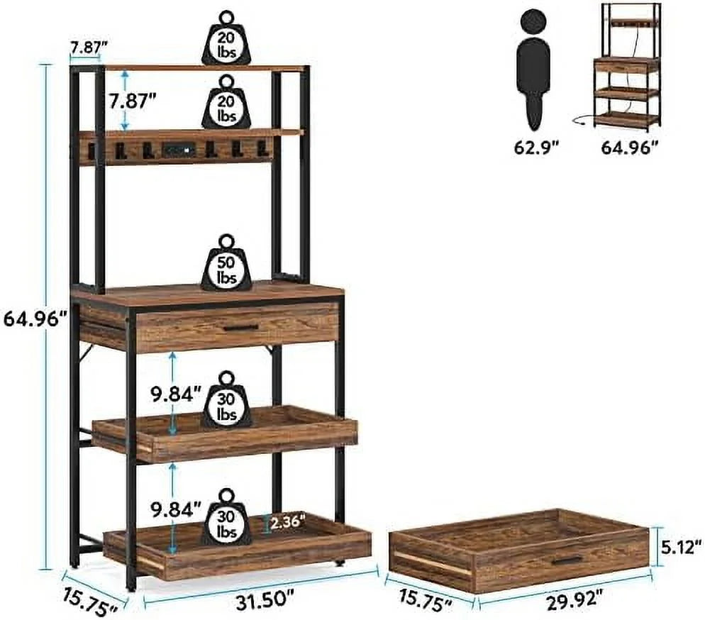 Rustic Brown 5-Tier Kitchen Bakers Rack with Power Outlets X2186