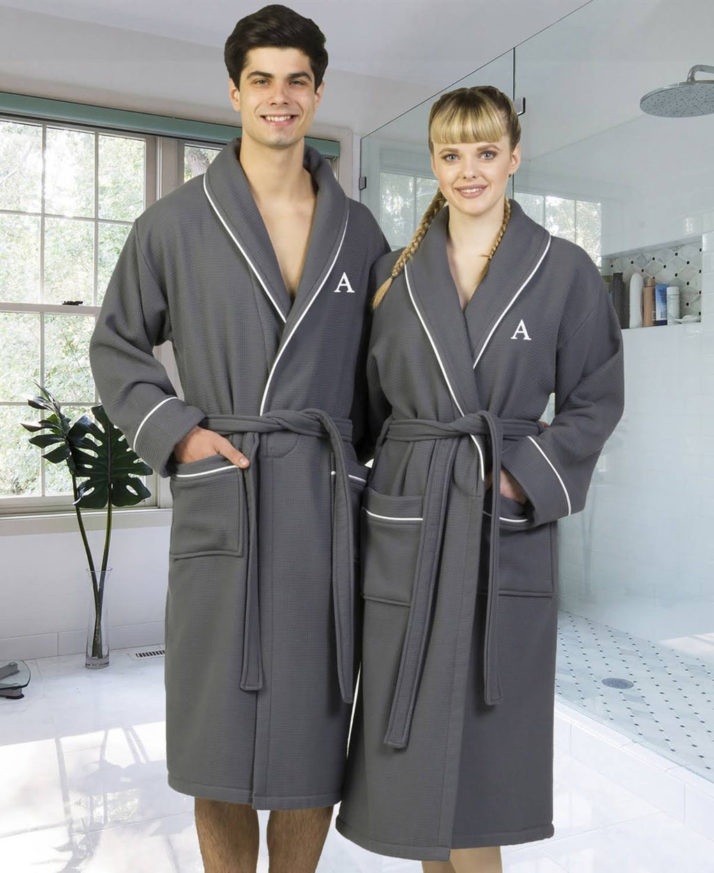 Dark Gray Turkish Cotton Waffle Terry Bathrobe with Satin Piped Trim E8903