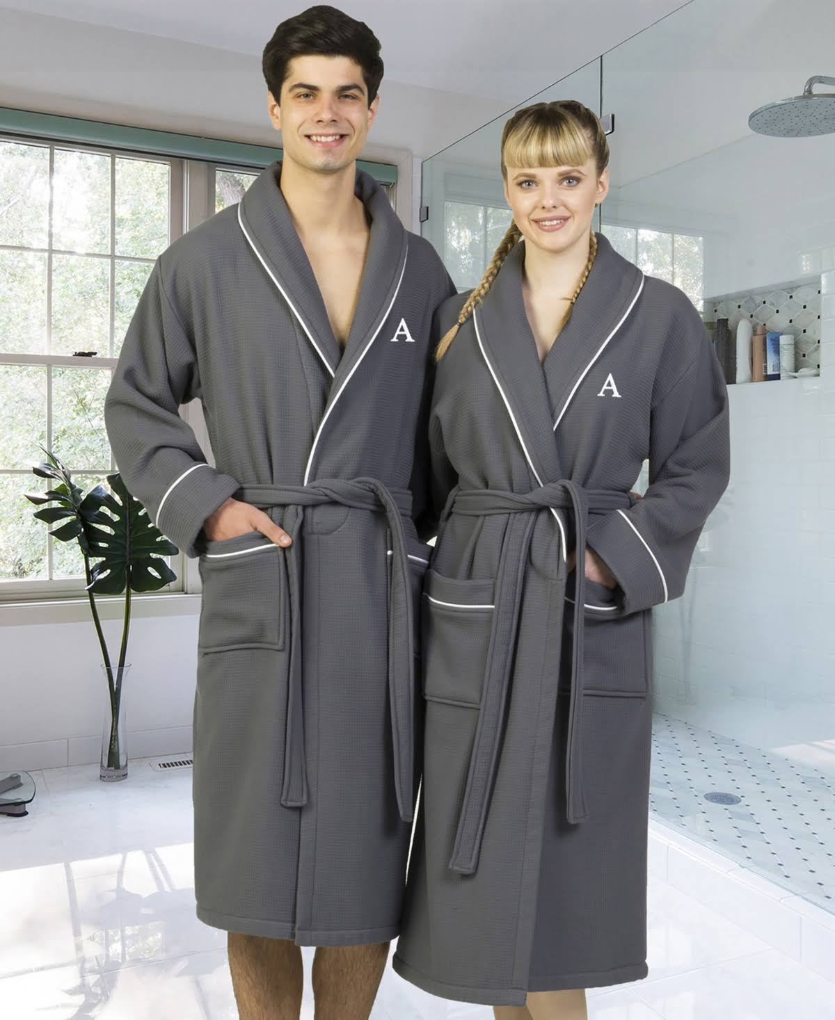 Dark Gray Turkish Cotton Waffle Terry Bathrobe with Satin Piped Trim E8903
