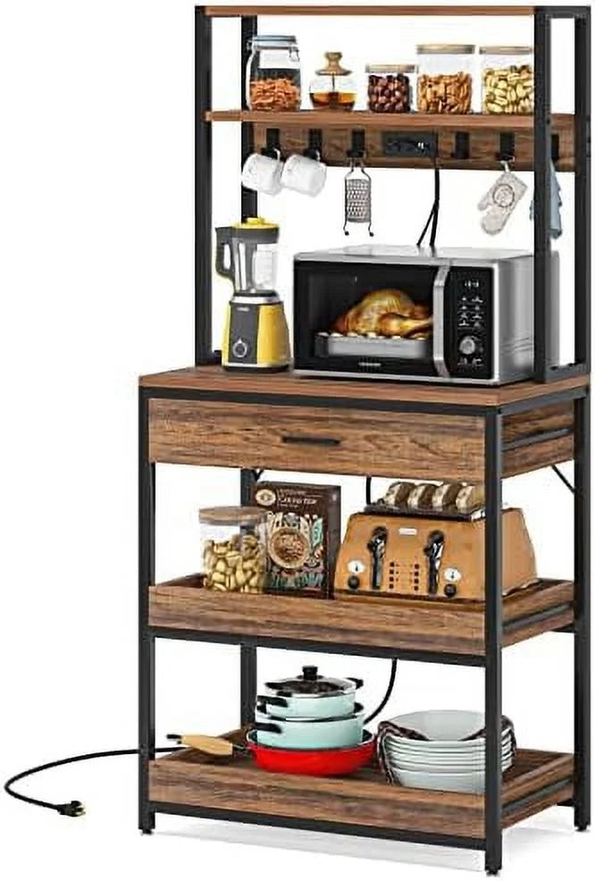 Rustic Brown 5-Tier Kitchen Bakers Rack with Power Outlets X2186