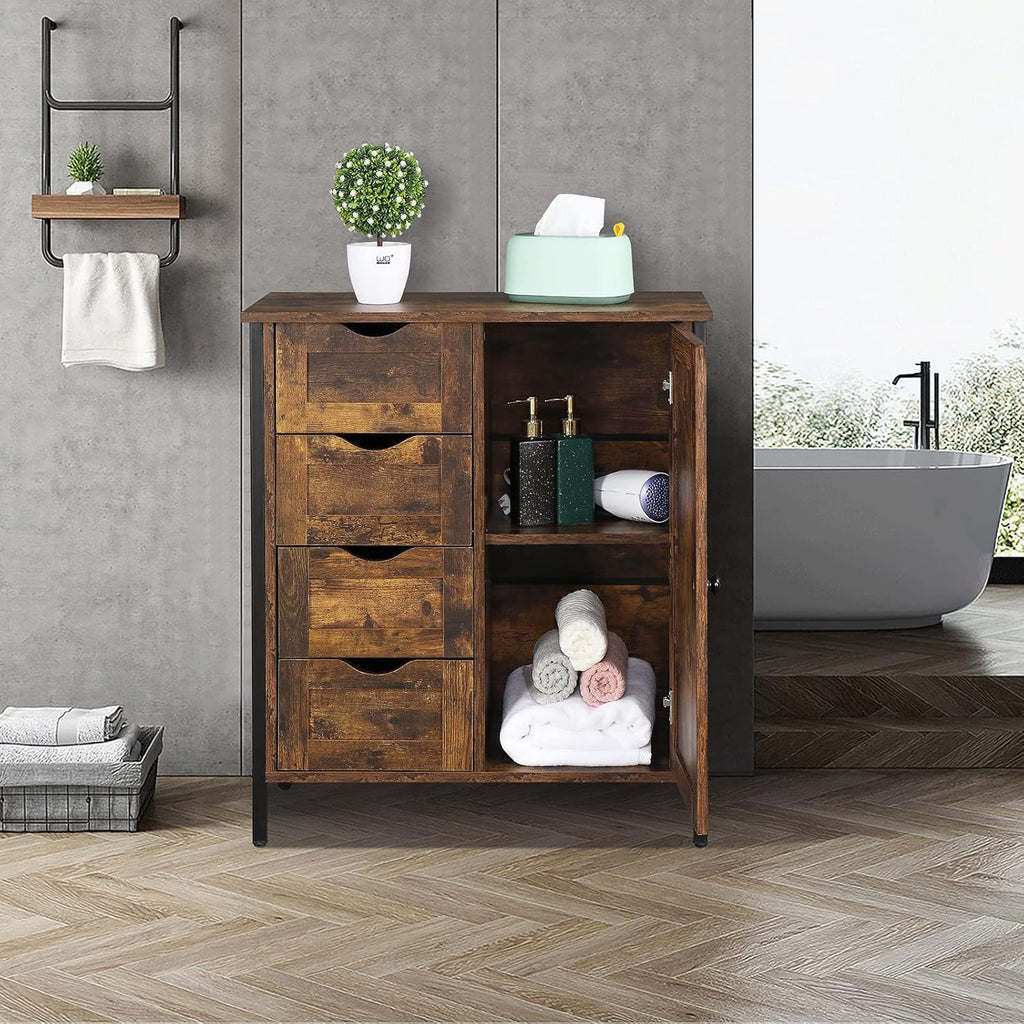 Rustic Brown 4 Drawer 1 Door Wooden Metal Frame Bathroom Floor Cabinet C8141