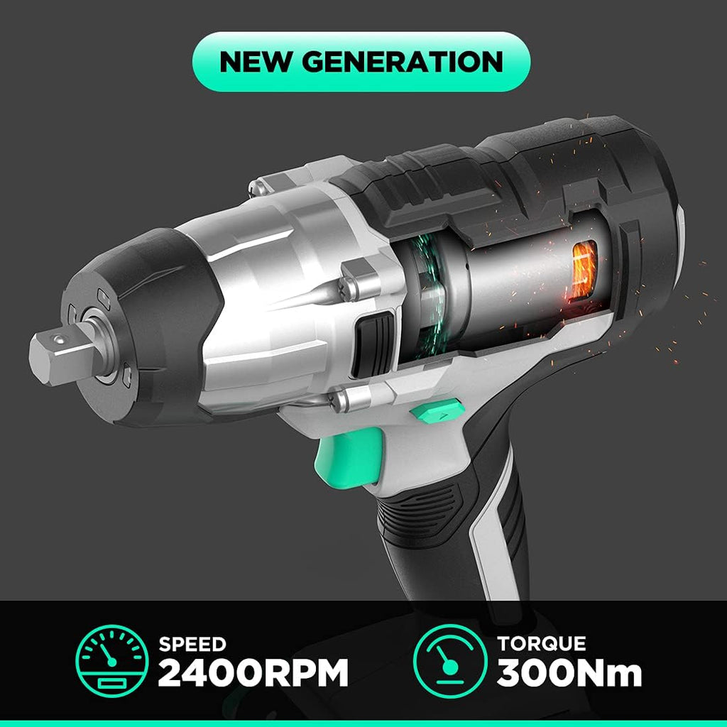 Cordless Impact Wrench 20V, 1/2 inch, 2.0Ah Li-ion Battery, 300 Nm, Compact Electric Wrench Set, Pack of 2 R797831