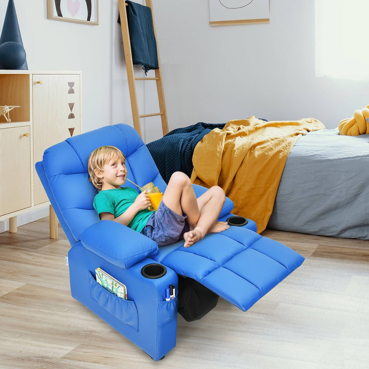 Blue PU Leather Kids Recliner Chair with Cup Holder E455052