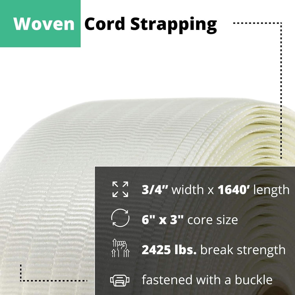 3/4" x 2100’ Woven Cord Strapping Roll, 900 lbs Break Strength, White B918