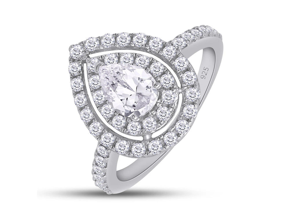 Pear Shaped Double Halo Moissanite Engagement Ring in 18K White Gold Plated 925 Sterling Silver M51942