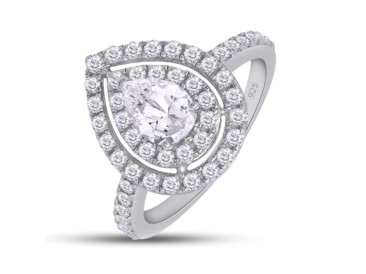 Pear Shaped Double Halo Moissanite Engagement Ring in 18K White Gold Plated 925 Sterling Silver M51942