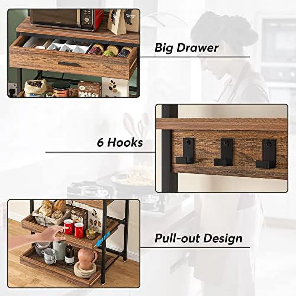 Rustic Brown 5-Tier Kitchen Bakers Rack with Power Outlets X2186