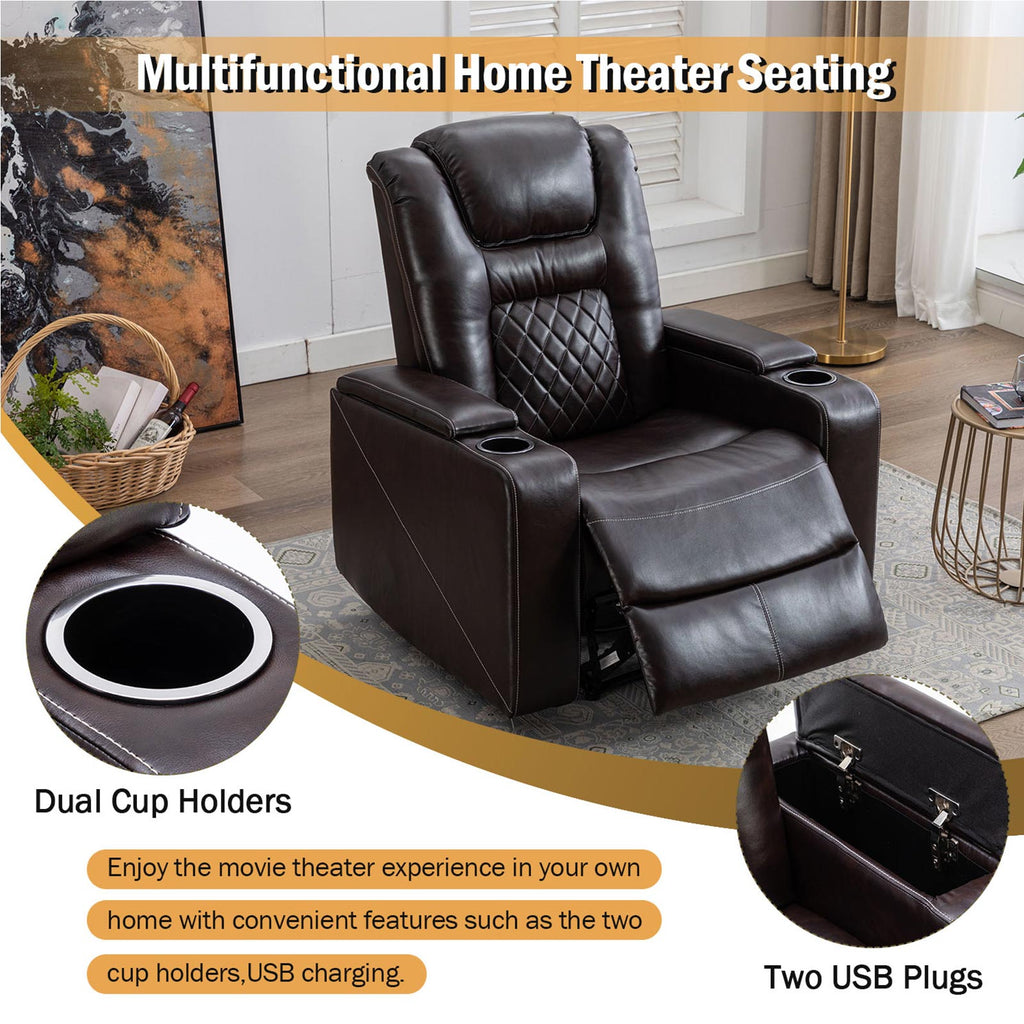 Brown Faux Leather Power Reclining Home Theater Seating with Cup Holders I394