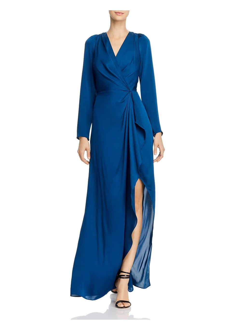Teal Slitted Long Sleeve V Neck Maxi Faux Wrap Dress T11173