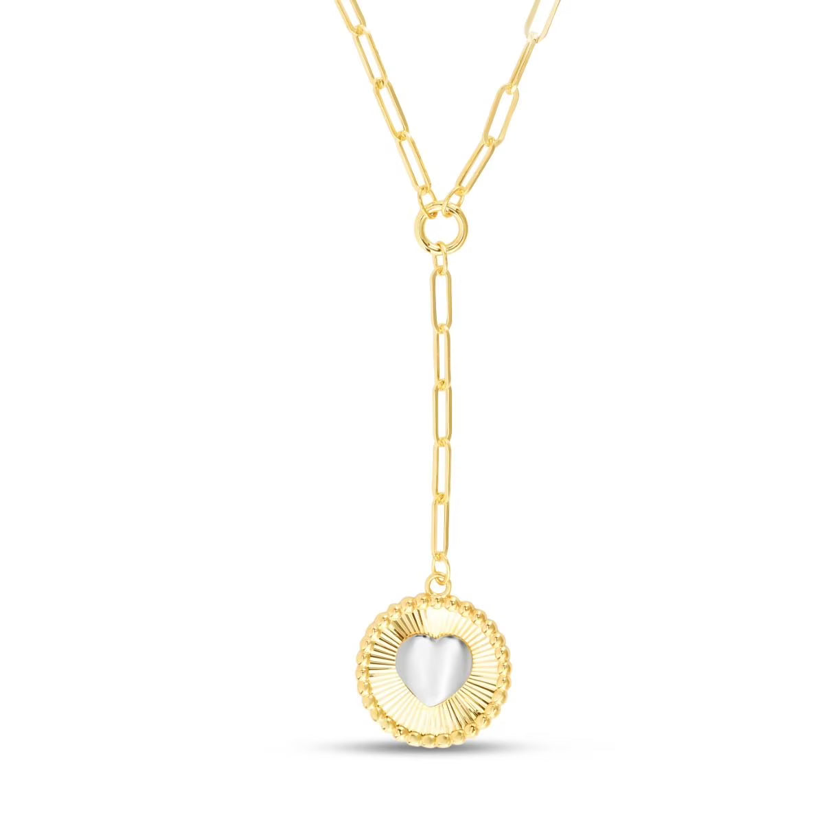 14K Yellow Gold Heart Two-tone Medallion Necklace on Paperclip Chain with Lobster Clasp - 18" M9652