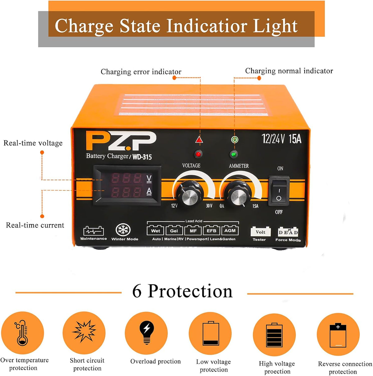 24v Battery Charger 15-Amp Automotive Car Battery Fast Trickle Charger and Maintainer 12v/15a 24v/7.5a Q276634