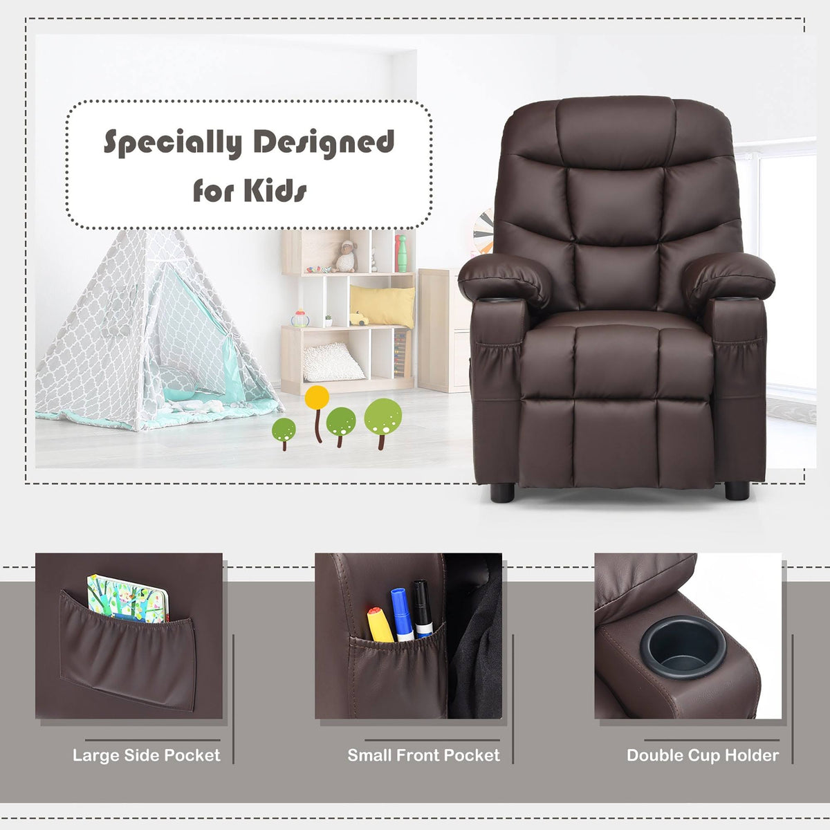 Blue PU Leather Kids Recliner Chair with Cup Holder E455052