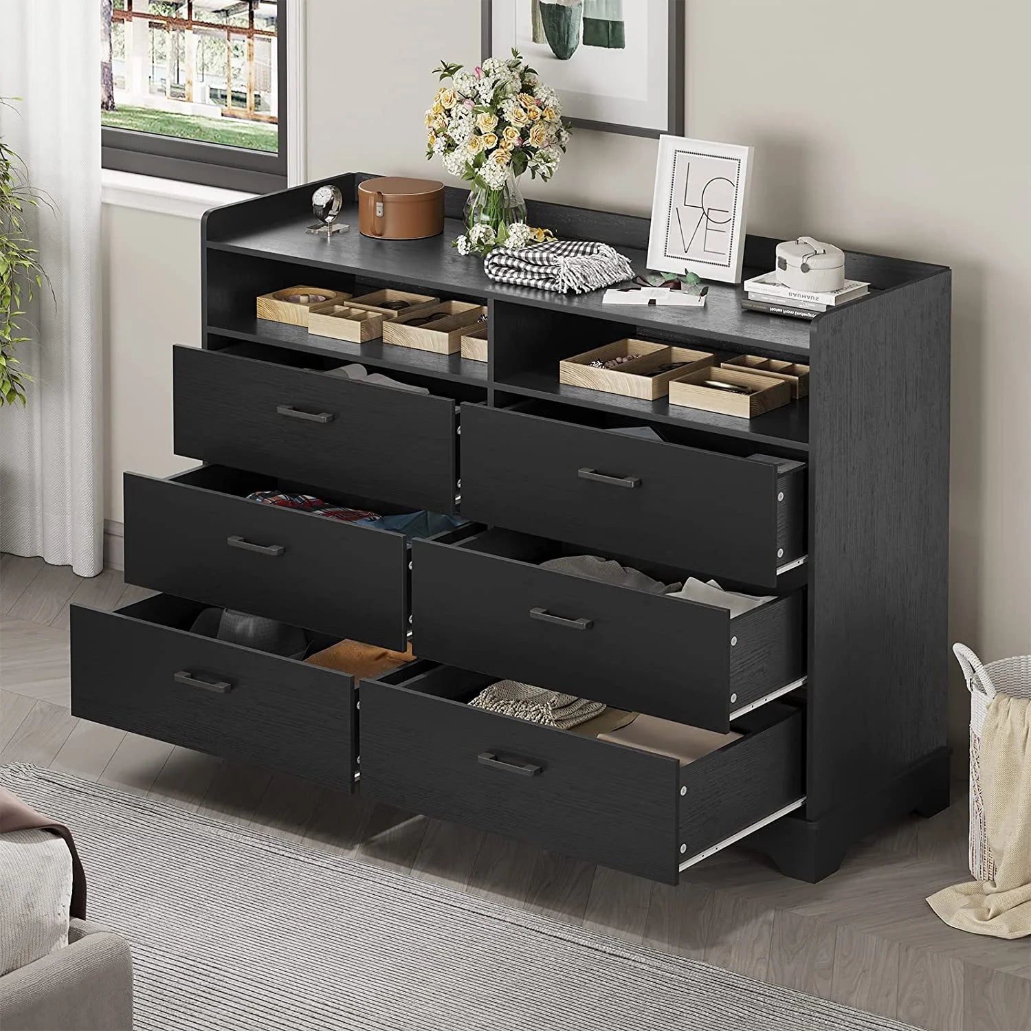 Black 6 Drawer Wood Dresser Q2749