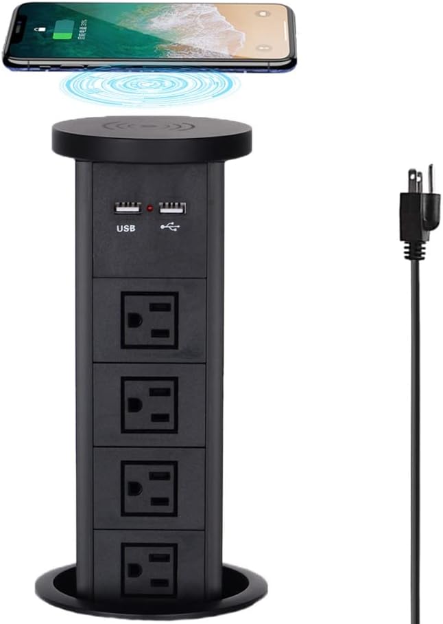 Black Pop up Outlet with Wireless Charger, 4 US Power USB Ports N658