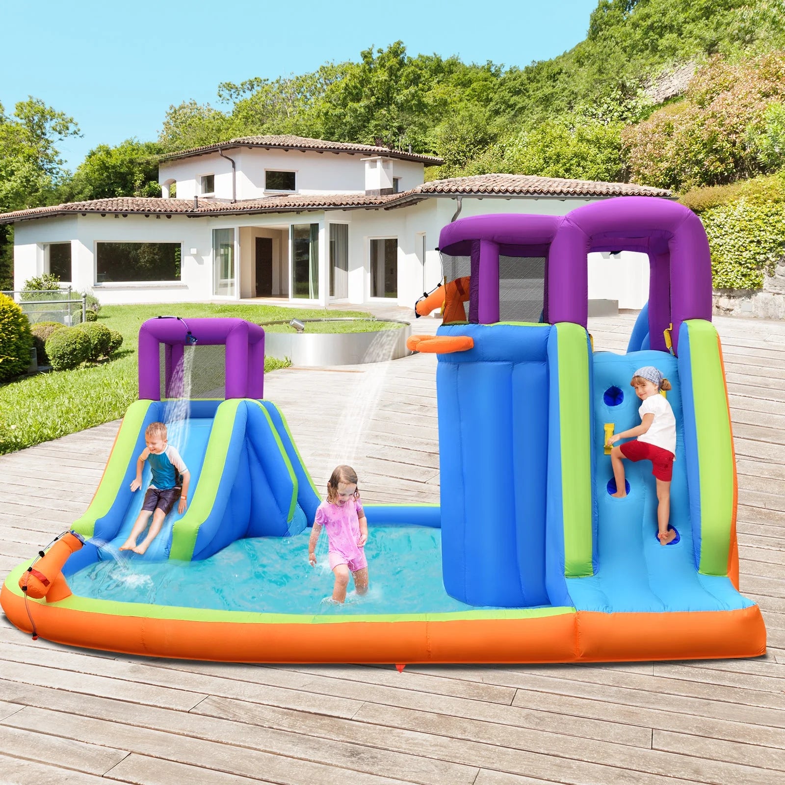 6 in 1 Inflatable Dual Slide Water Park Climbing Bouncer with 750W Blower G983