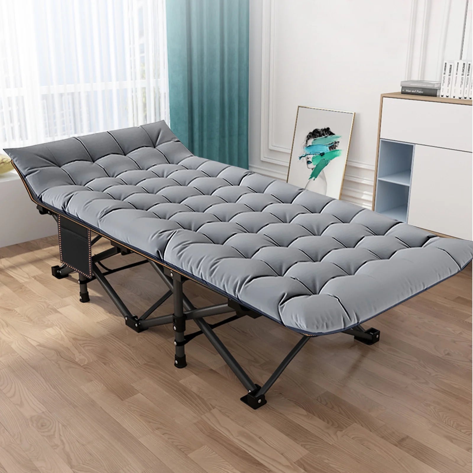 Folding Camping Cot with Mattress and Carry Bag, Black Gray, 75x28x14 Inch S7748