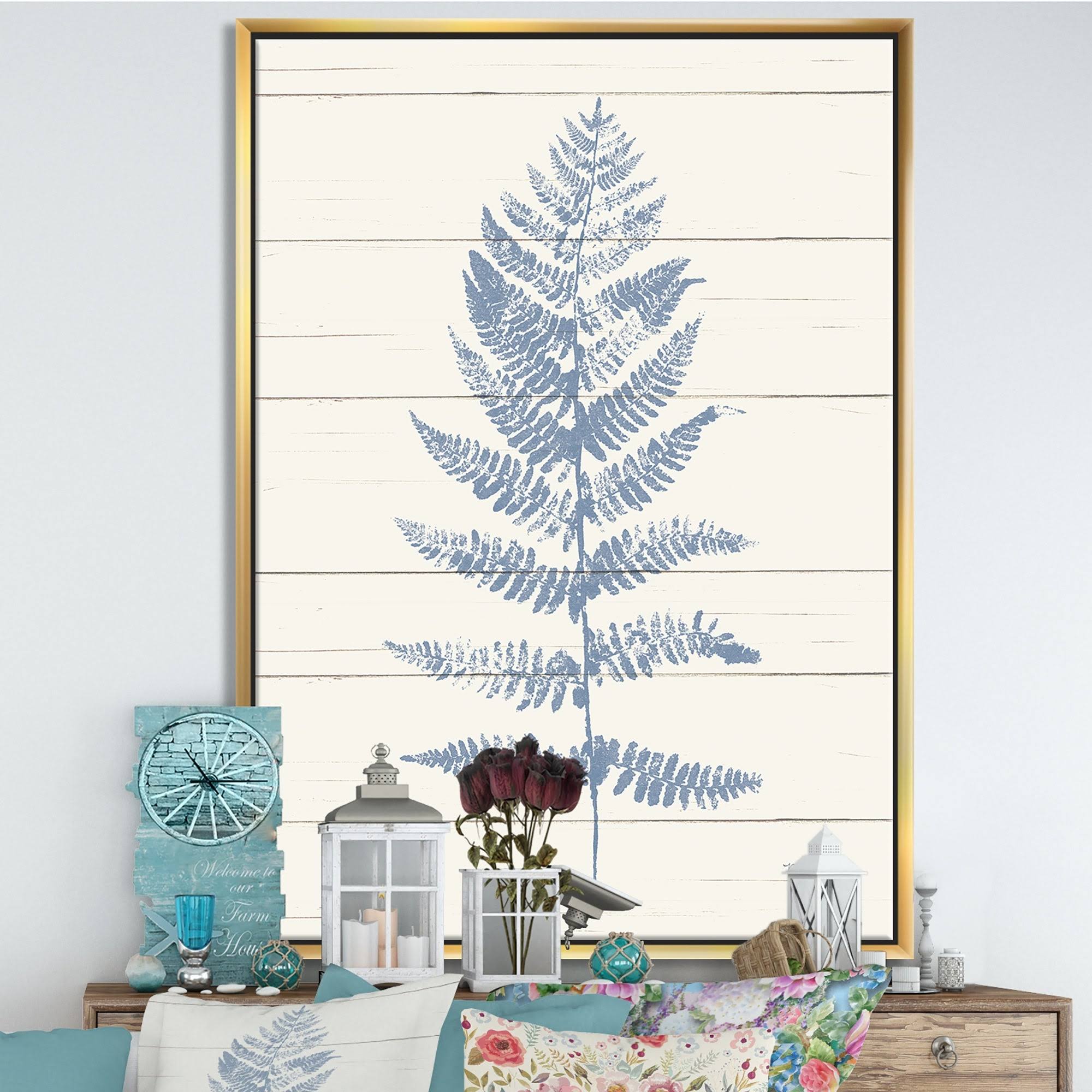 Blue Fern Print on Wood Framed Canvas, 30 inch x 40 inch Z8654