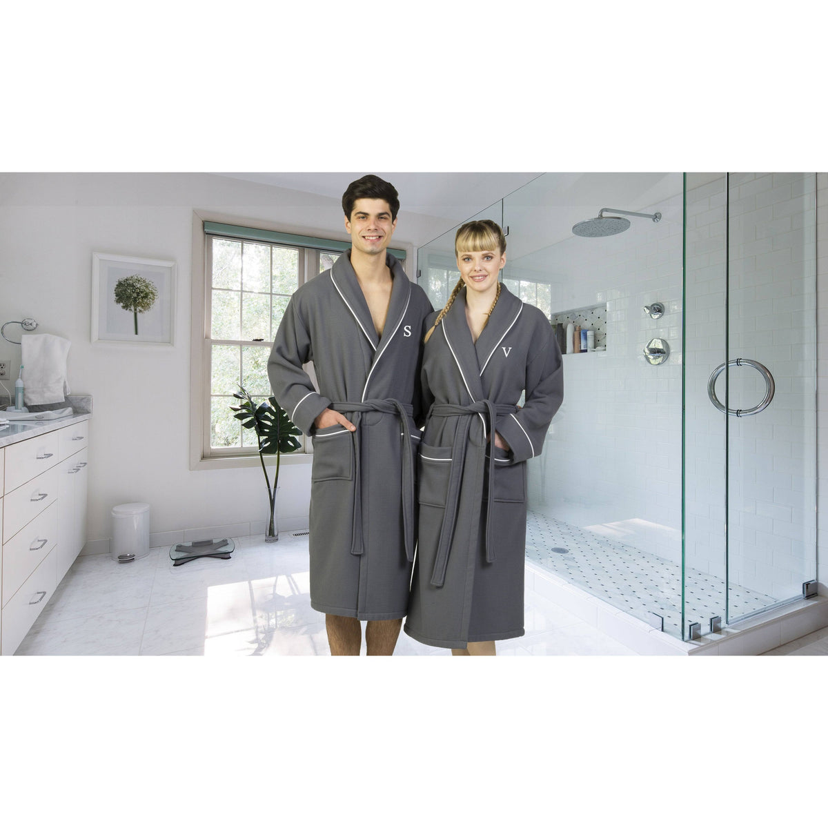 Dark Gray Turkish Cotton Waffle Terry Bathrobe with Satin Piped Trim E8903