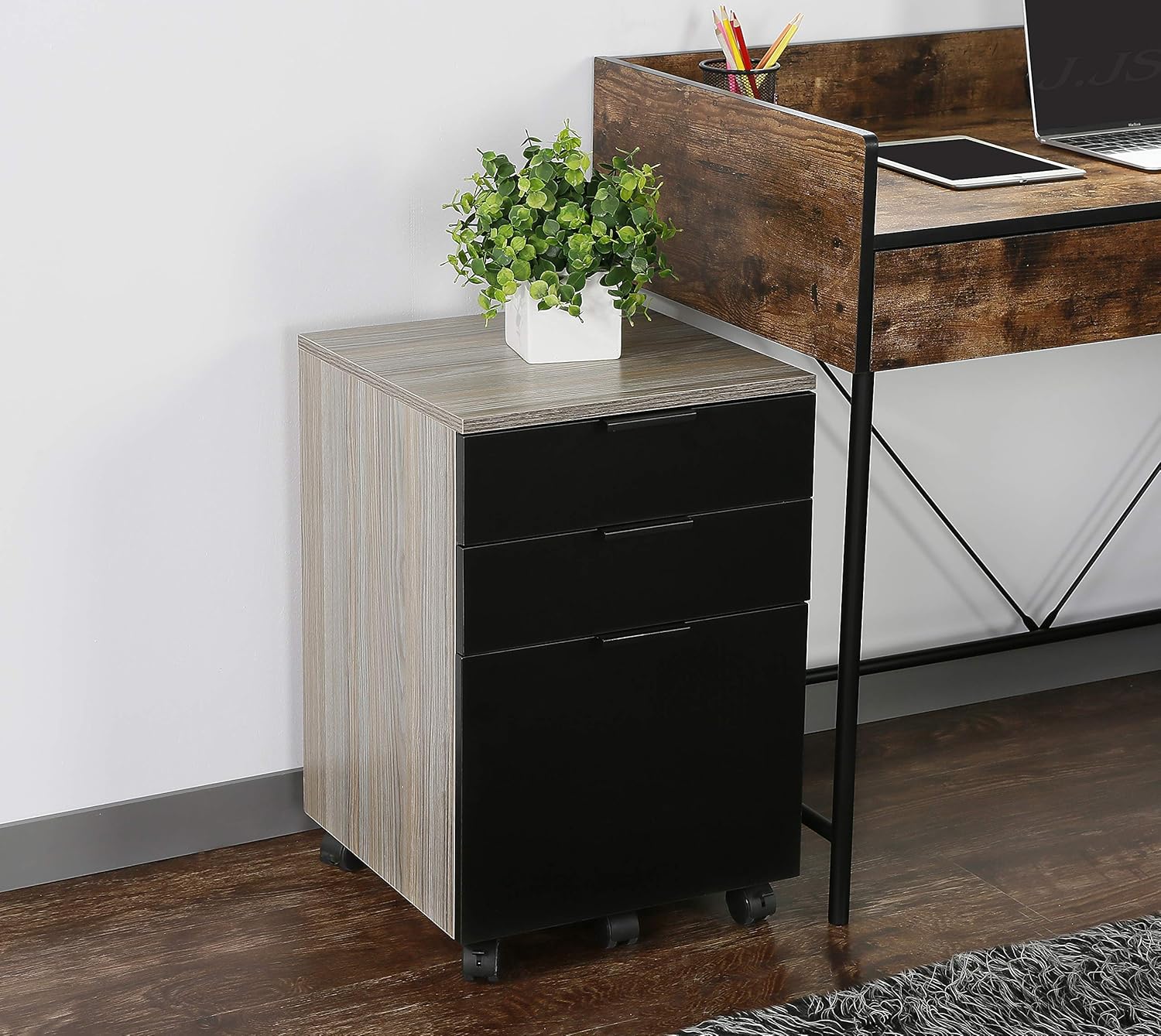 3 Drawer Rolling Wood File Cabinet with Locking Wheels, Black Z21806