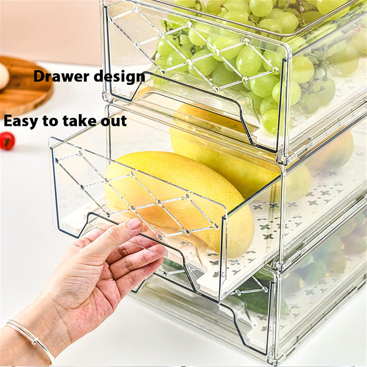 Plastic Stackable Fridge Organizer Bins with Removable Drain Tray, 2 Pack R2305