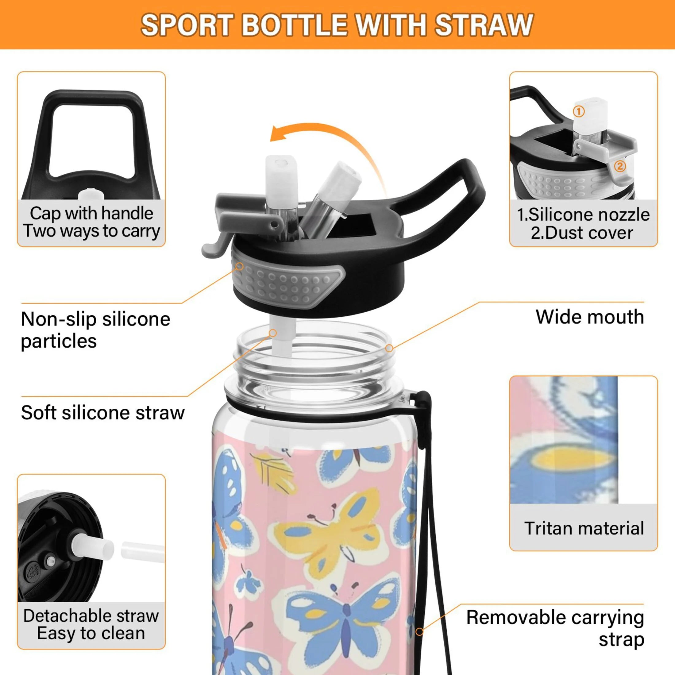 Pink 32oz Tritan Sports Water Bottle with Straw H9396