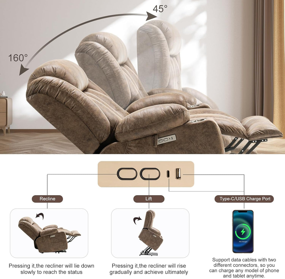 Light Brown Power Lift Recliner with Heated and Massage, USB, Cup Holder Q480