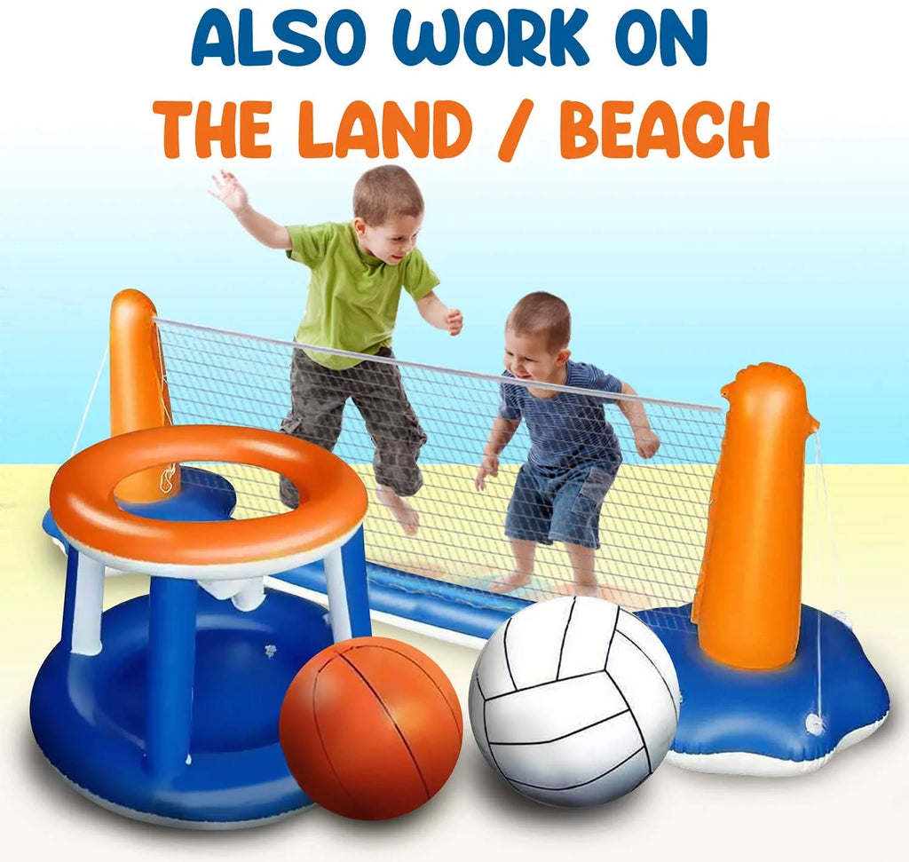 2-in-1 Inflatable Pool Basketball Hoop and Volleyball Set with Pool Net, Weight Bags I552
