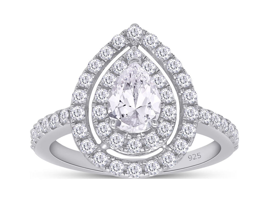 Pear Shaped Double Halo Moissanite Engagement Ring in 18K White Gold Plated 925 Sterling Silver M51942