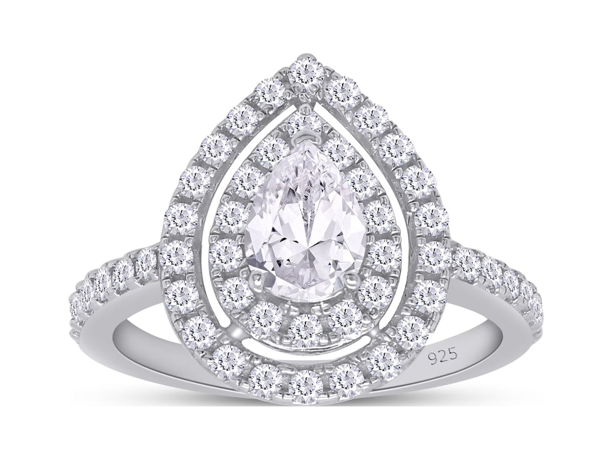 Pear Shaped Double Halo Moissanite Engagement Ring in 18K White Gold Plated 925 Sterling Silver M51942