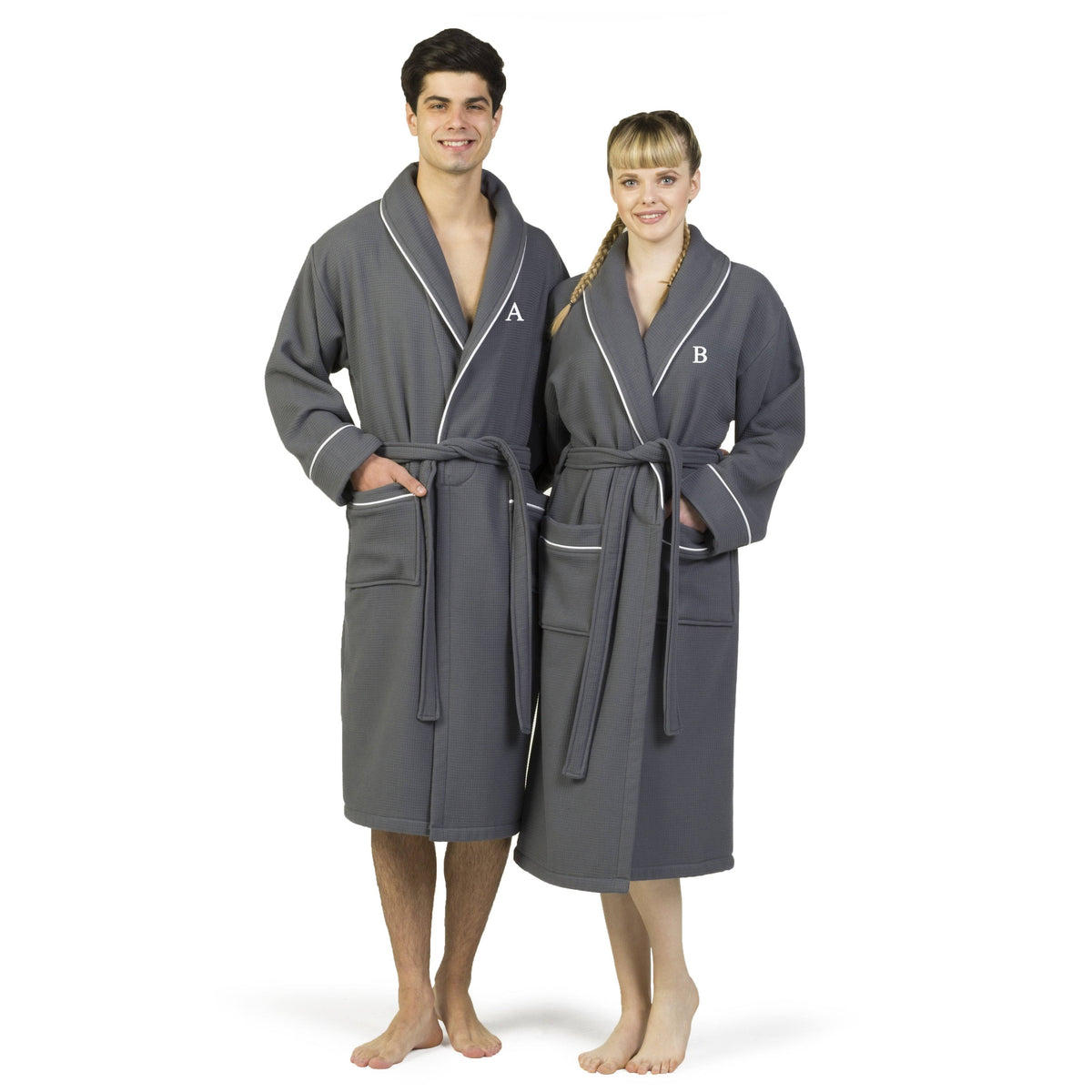 Dark Gray Turkish Cotton Waffle Terry Bathrobe with Satin Piped Trim E8903