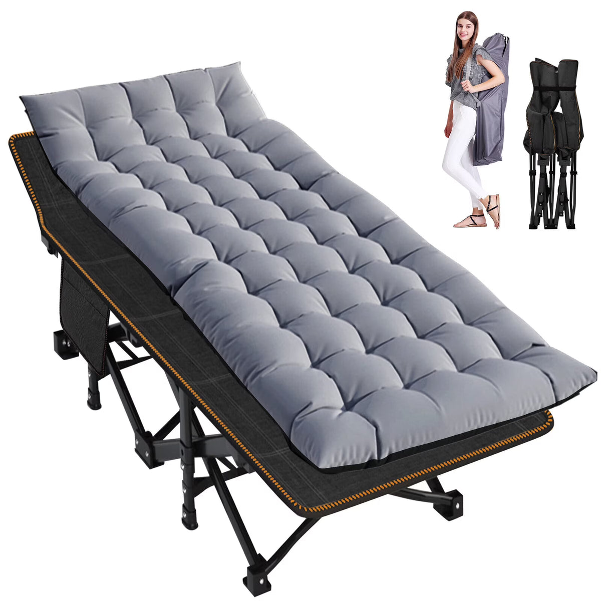 Folding Camping Cot with Mattress and Carry Bag, Black Gray, 75x28x14 Inch S7748