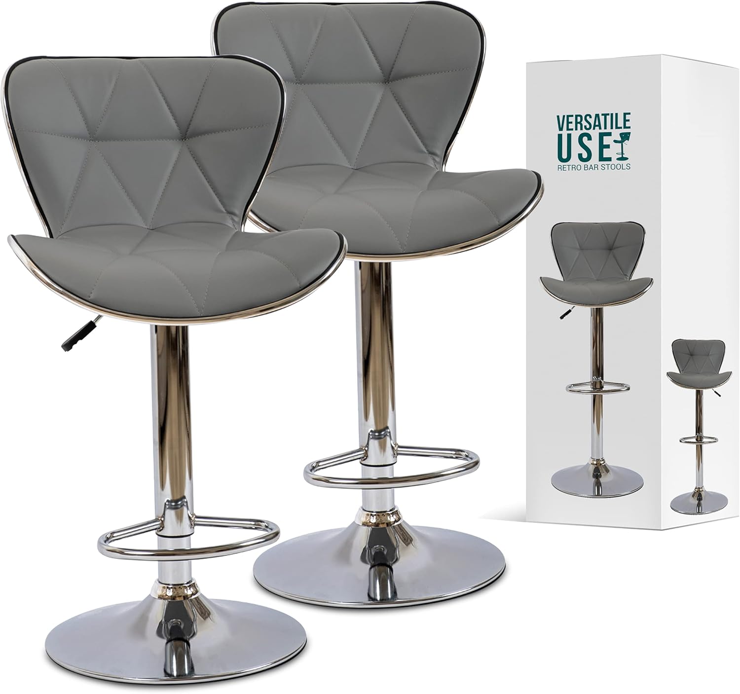 Adjustable Black Bar Stool Set of 2 with Polished Chrome Swivel Base G125