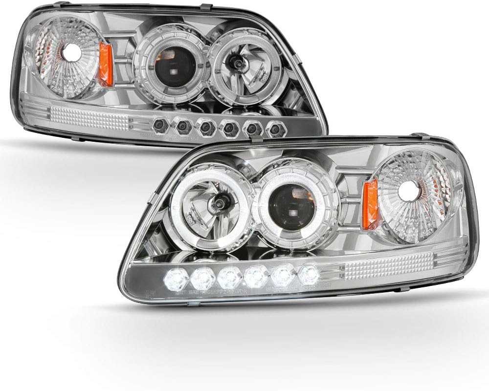1997-2003 Ford F150 1997-2002 Expedition LED Dual Halo Ring Chrome Housing Projector Headlights O2061