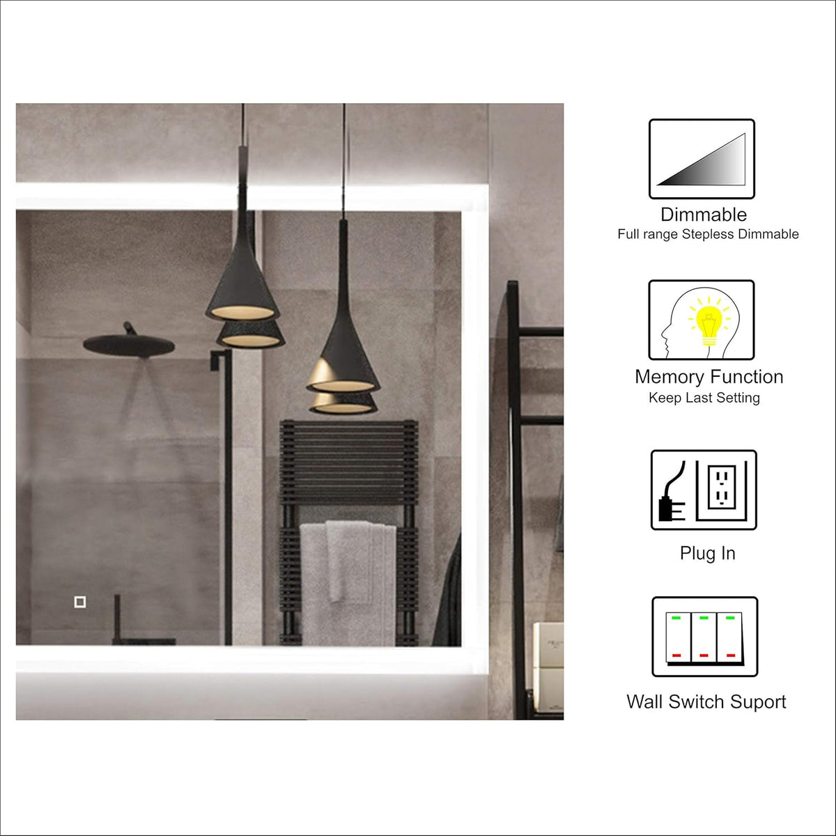 72x30Inch LED Lighted Bathroom Mirror Wall Mounted Dimmer Touch Switch IP44 Waterproof 6500K Cool White CRI>90 Vertical& Horizontal O6742