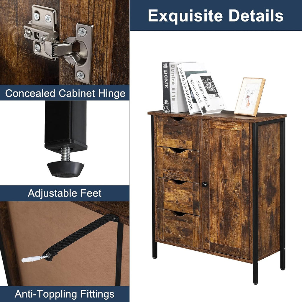 Rustic Brown 4 Drawer 1 Door Wooden Metal Frame Bathroom Floor Cabinet C8141