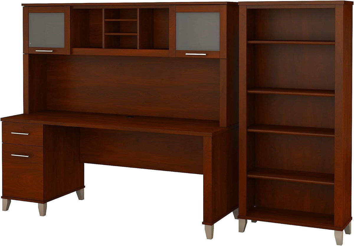 72W Ash Gray Office Desk with Hutch and 5 Shelf Bookcase H750