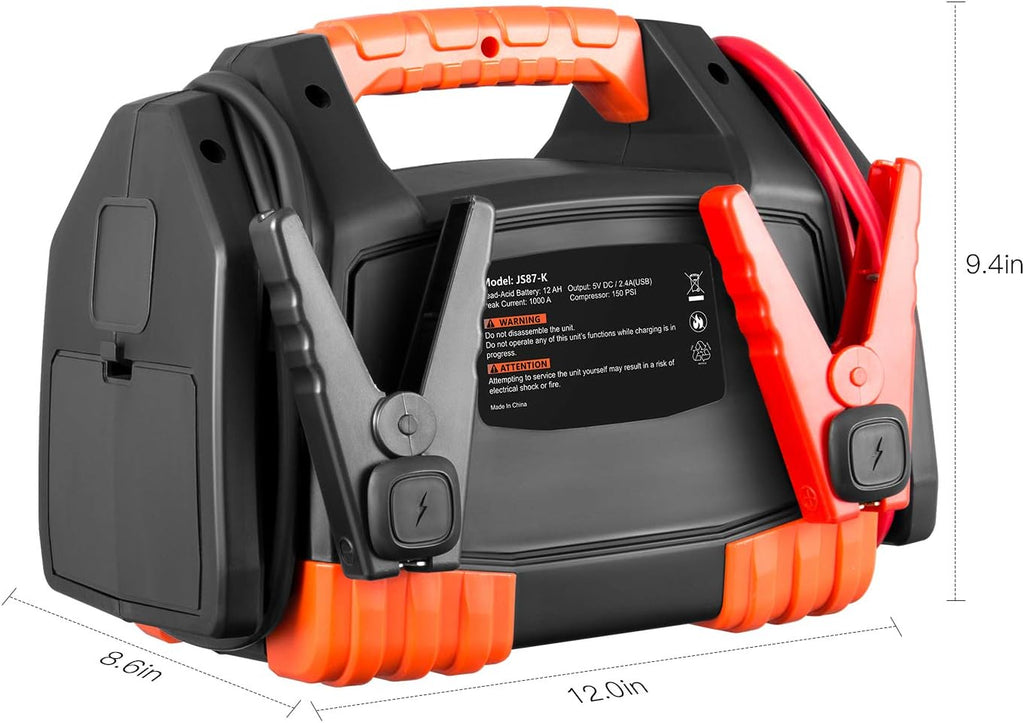 Portable Car Jump Starter 1000 Peak Amp 12-Volt with 1-USB 1-12V Power Ports & 150 PSI Air Compressor C408