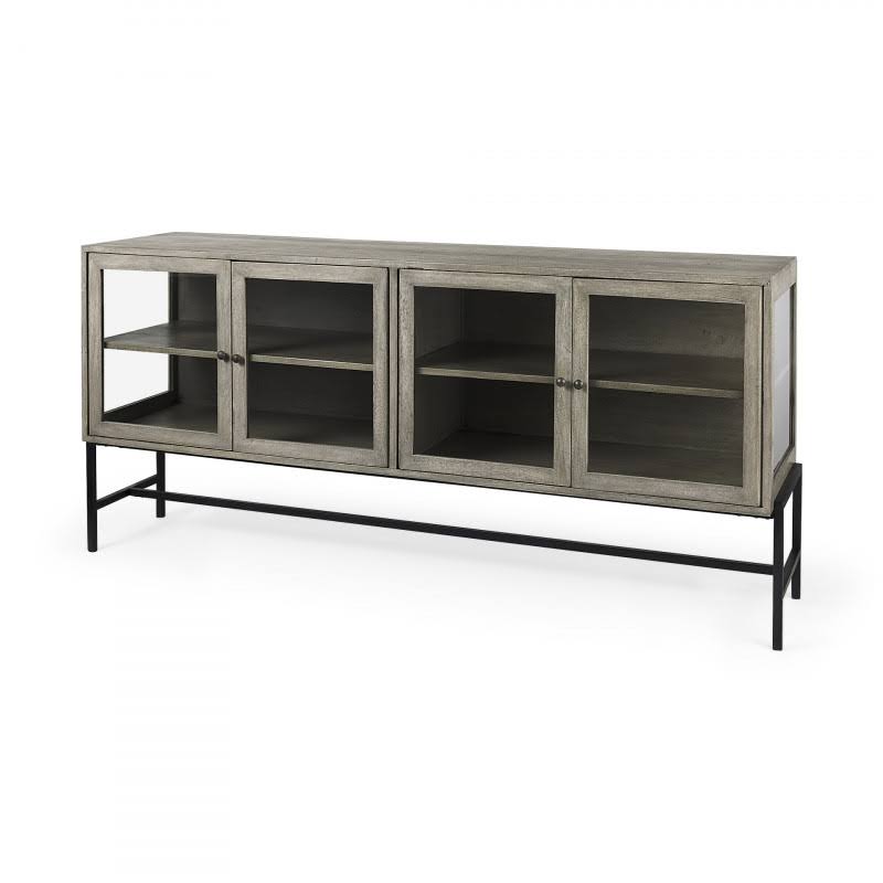 Gray Wood with Black Metal Base 4 Door Glass Cabinet Sideboard G468842
