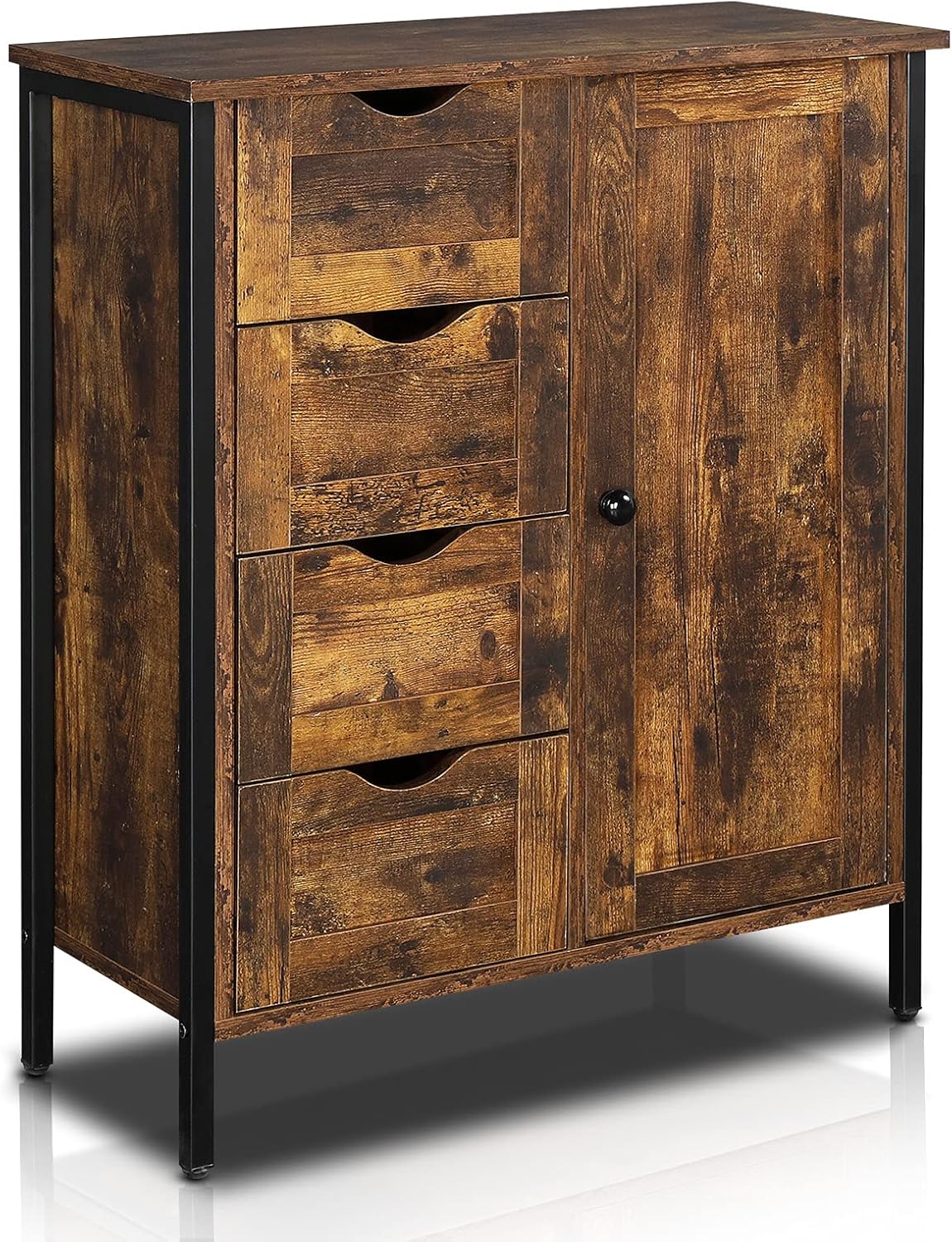 Rustic Brown 4 Drawer 1 Door Wooden Metal Frame Bathroom Floor Cabinet C8141