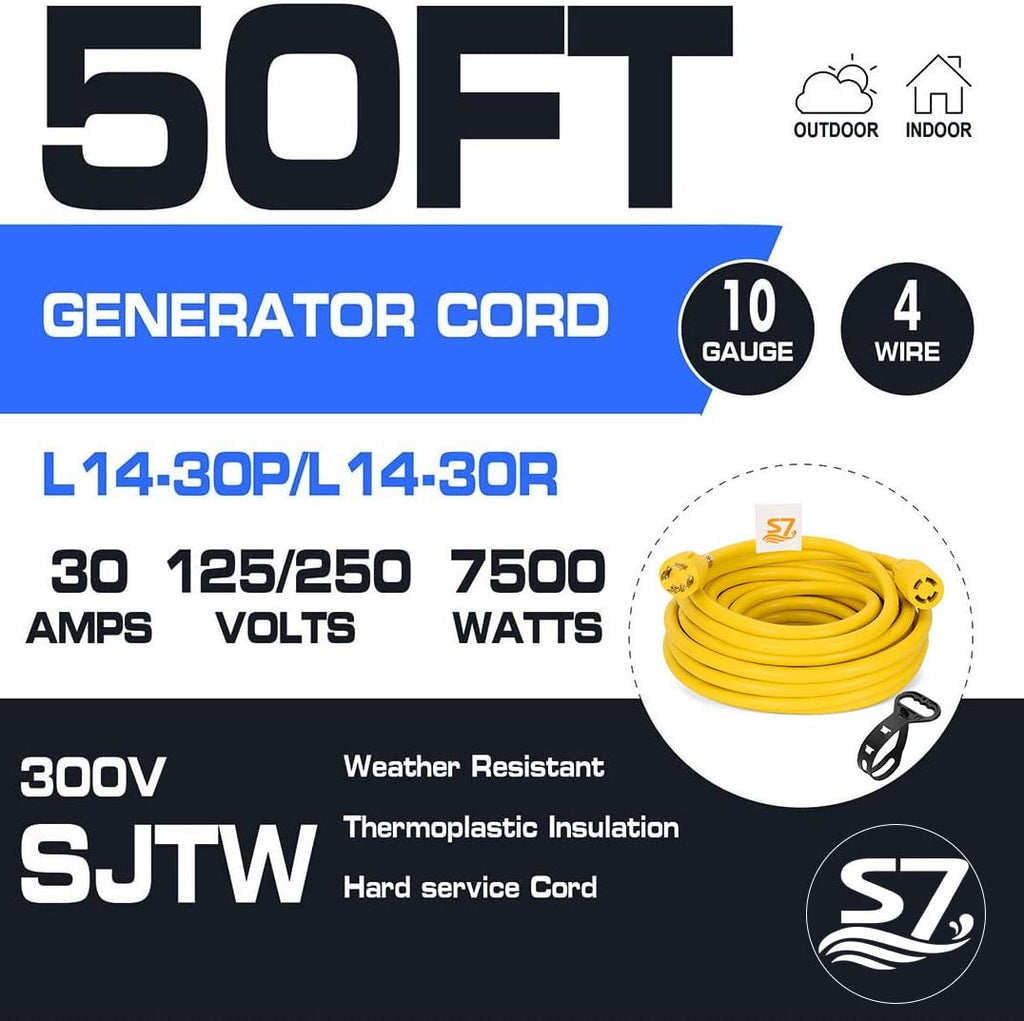 50ft 10 Gauge SJTW 125/250V 30Amp 7500 Watt Yellow Generator Locking Power Cord K234667