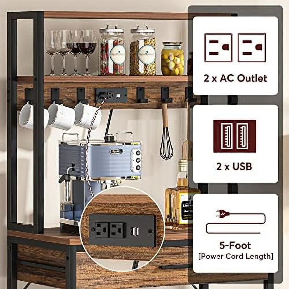 Rustic Brown 5-Tier Kitchen Bakers Rack with Power Outlets X2186