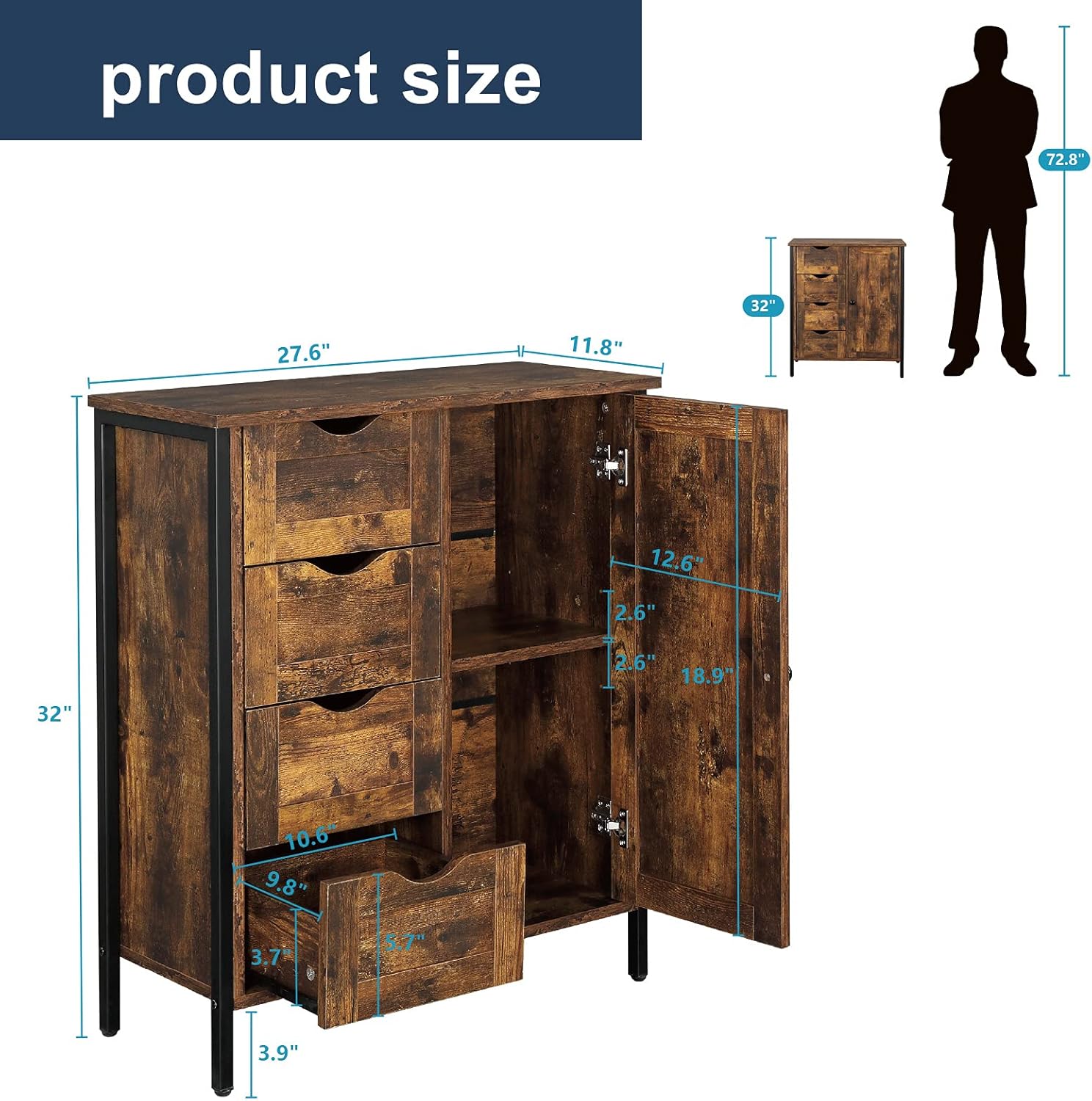 Rustic Brown 4 Drawer 1 Door Wooden Metal Frame Bathroom Floor Cabinet C8141