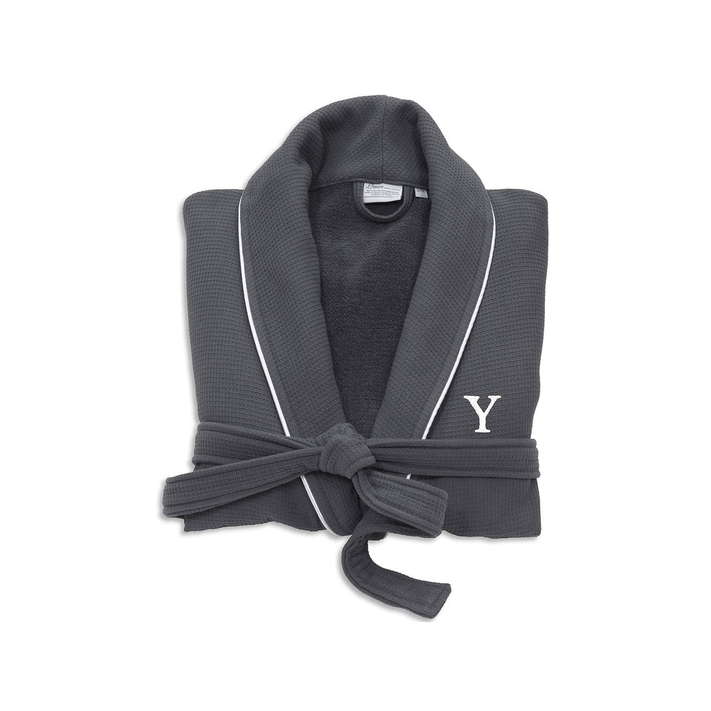 Dark Gray Turkish Cotton Waffle Terry Bathrobe with Satin Piped Trim E8903