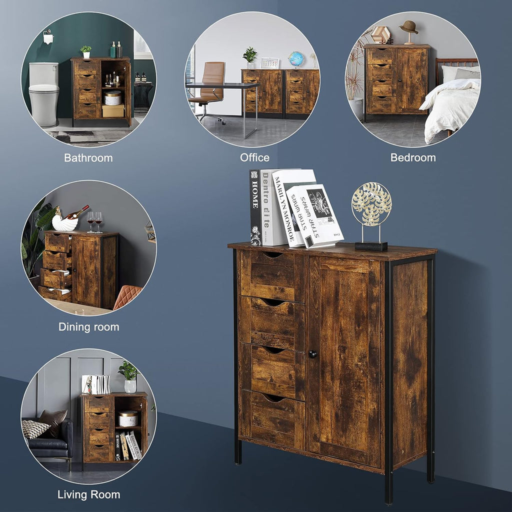 Rustic Brown 4 Drawer 1 Door Wooden Metal Frame Bathroom Floor Cabinet C8141